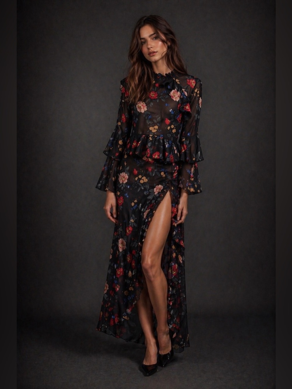 Sheer Floral Asymmetrical Ruffle Dress